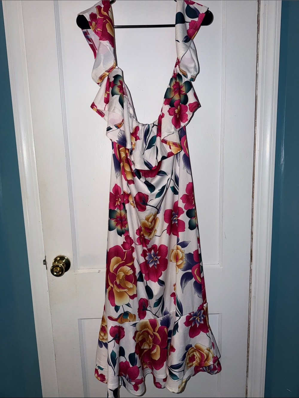 Floral Ruffle Off Shoulder Midi Dress in White with Pink & Yellow Blooms